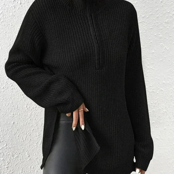 Black Casual Women's Half Zip Drop Shoulder Grain Sweater - Picture 5 of 7